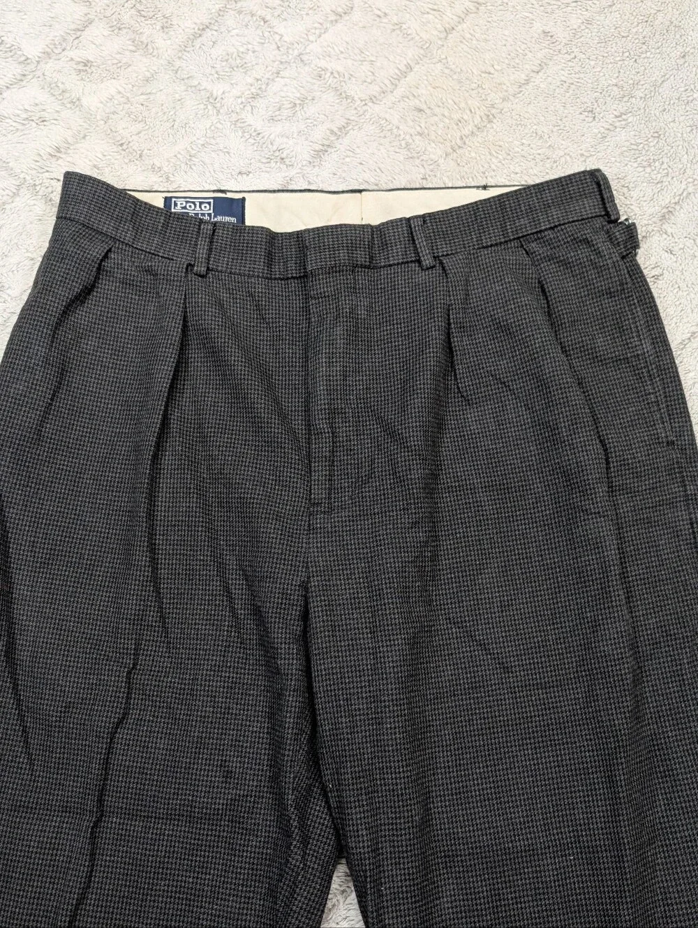 Vtg Polo Ralph Lauren Pants Mens 34x30 Gray Houndstooth Pleats Cuffs Side Buckle